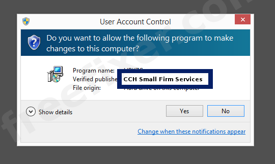 Screenshot where CCH Small Firm Services appears as the verified publisher in the UAC dialog